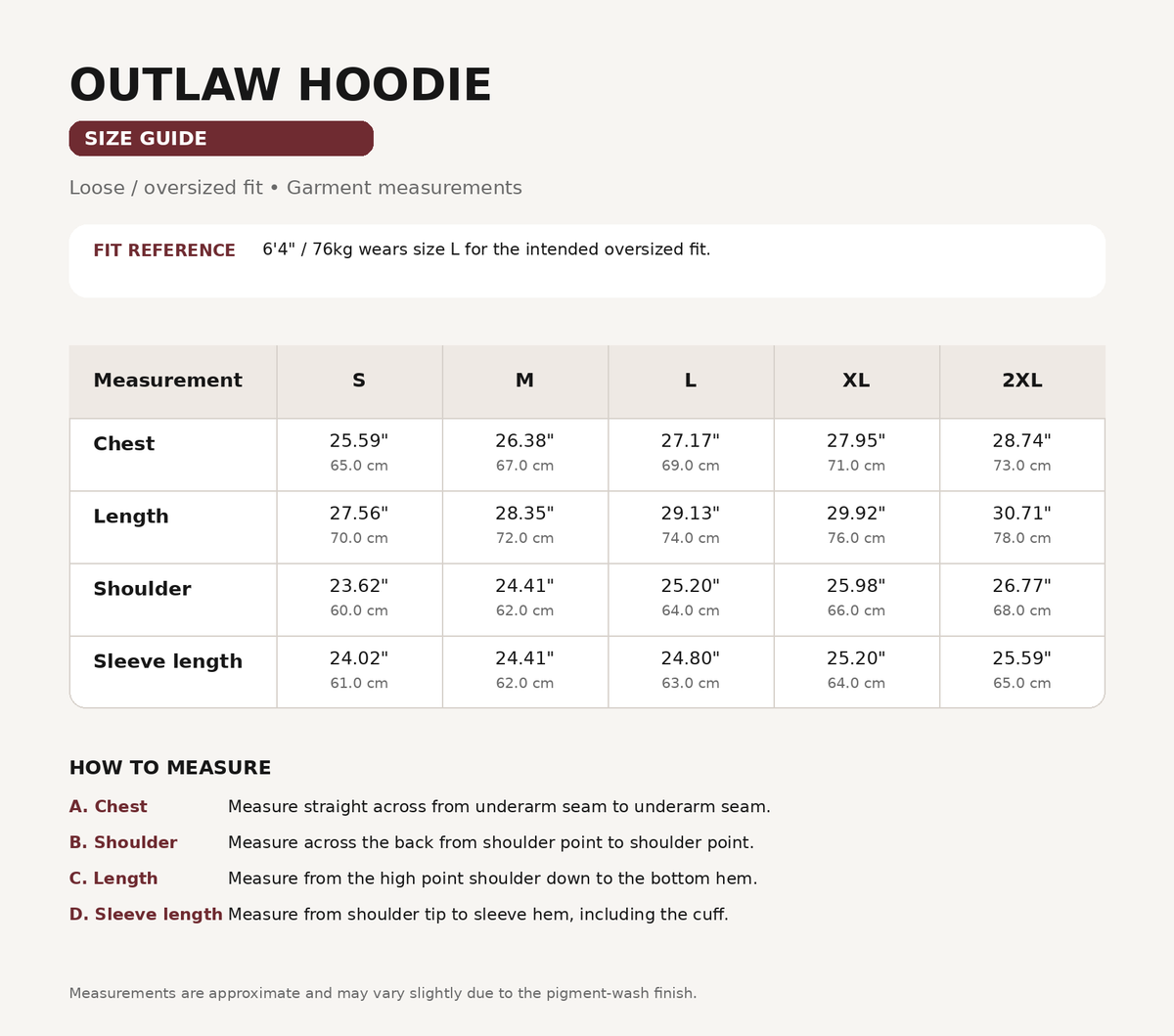 Outlaw hoodie size guide, sizes S to 2XL with garment measurements in inches and centimetres.